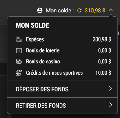 Screenshot showing account balances including Sports Bet Credits