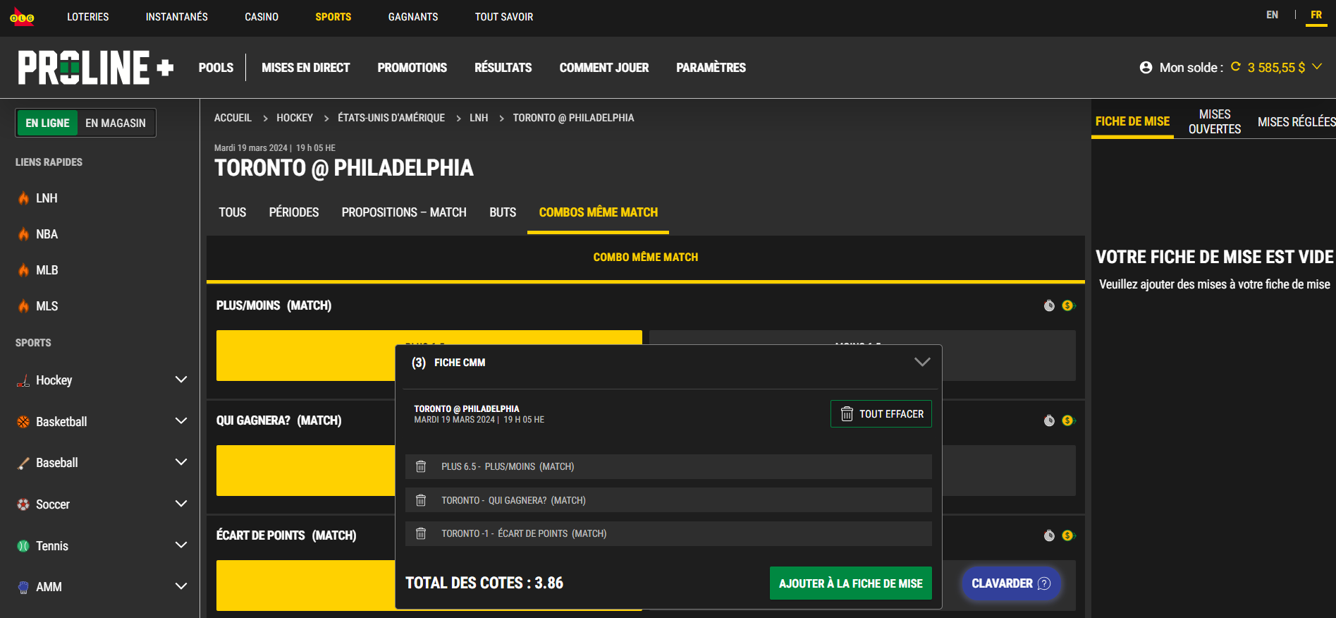 Screenshot showing a Same Game Parlay bet being built