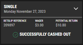 Screenshot showing Cash out successful
