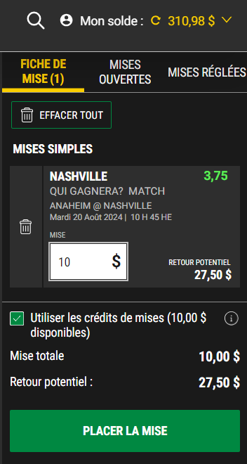 Example betslip using sports bet credits