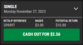 Screenshot of a bet that has Cash Out available on PROLINE+