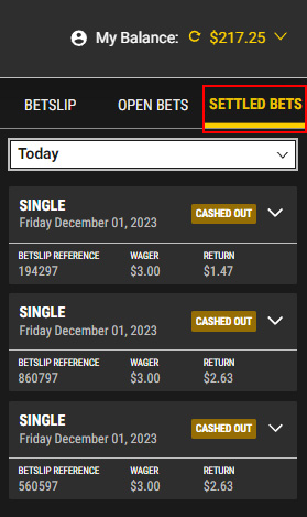 Screenshot showing a customer's settled bets on PROLINE+