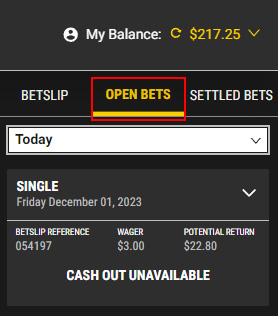 Screenshot showing  the Open Bets tab on PROLINE+