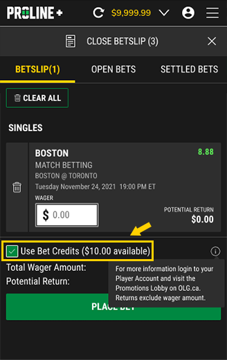 Screenshot showing how to use your sport sbet credits