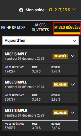 Screenshot showing where to find a customer's bet history on PROLINE+