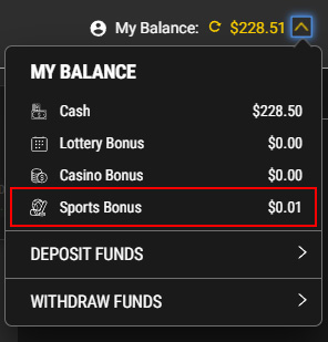 Screenshot showing where to find Sports Bonus balance on PROLINE+