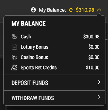 Screenshot showing account balances including Sports Bet Credits