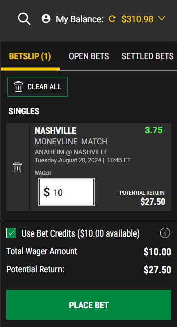 Example betslip using sports bet credits