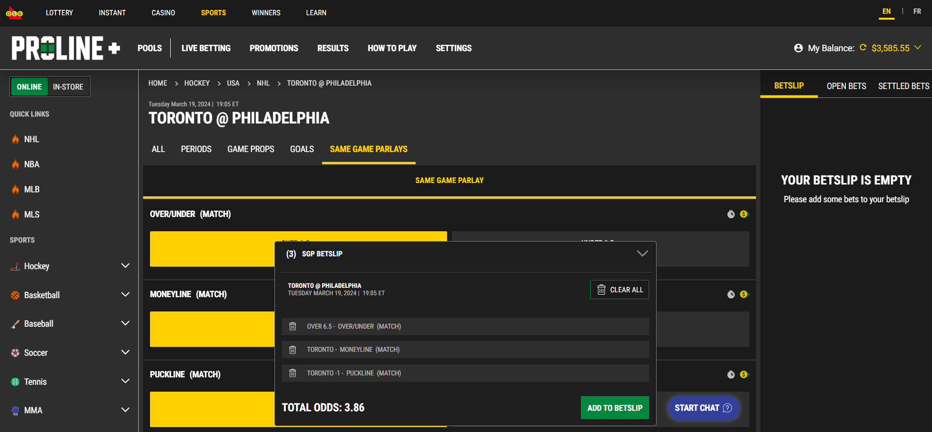 Screenshot showing building a Same Game Parlay Bet